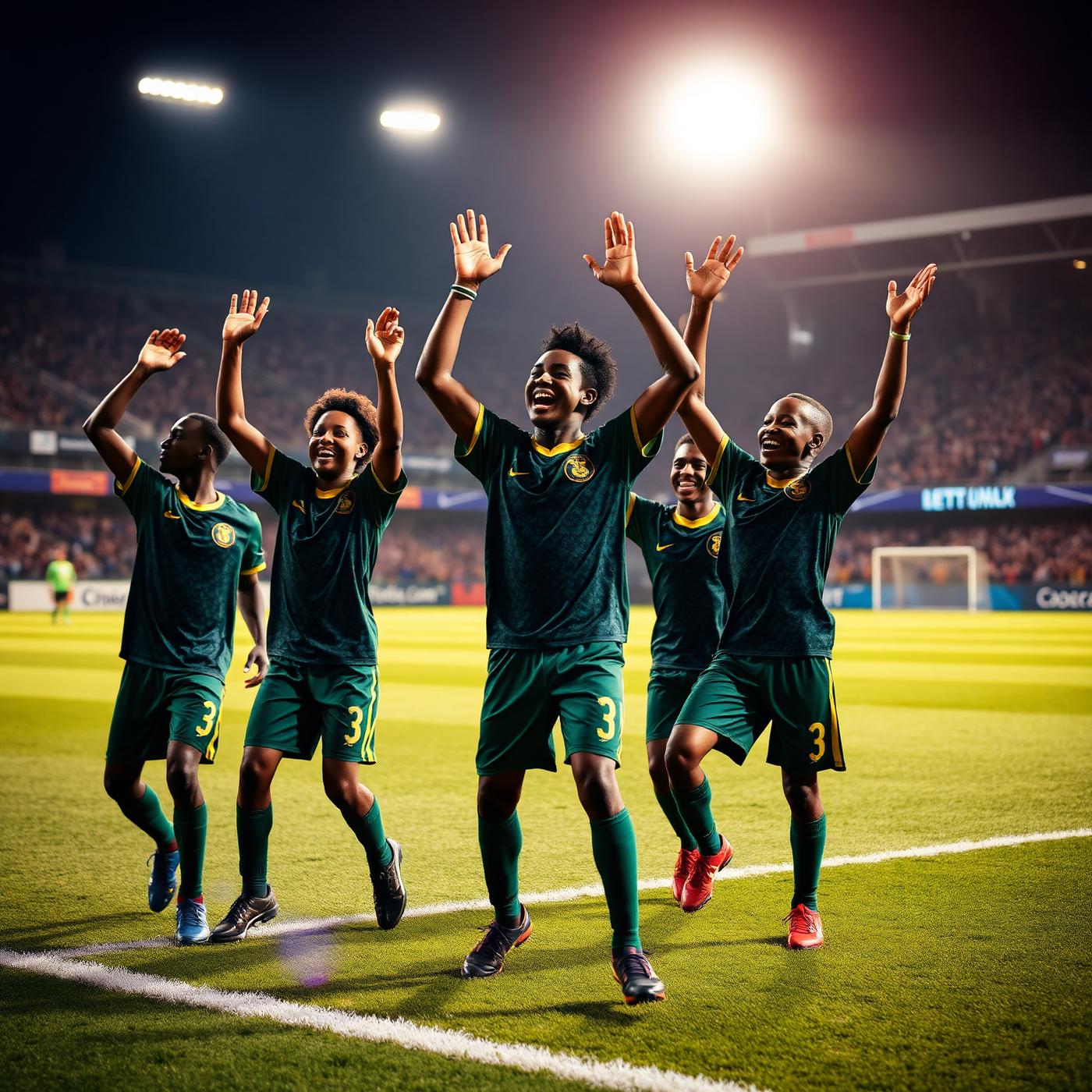 Young footballers celebrating a goal in a stadium