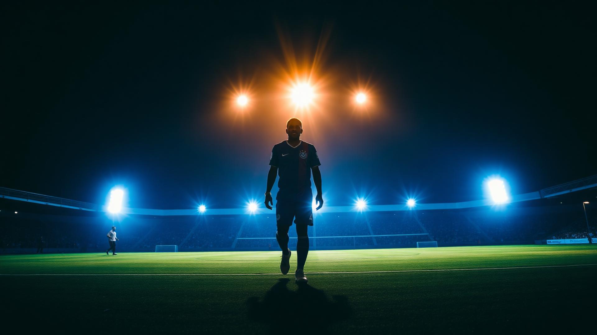 Footballer walking onto a floodlit stadium pitch